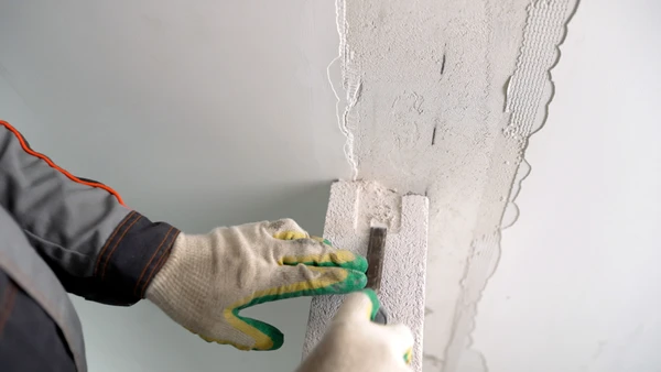 Ouvrier du bâtiment appliquant du plâtre sur les murs avec une truelle, présentant un savoir-faire artisanal dans la rénovation de la maison