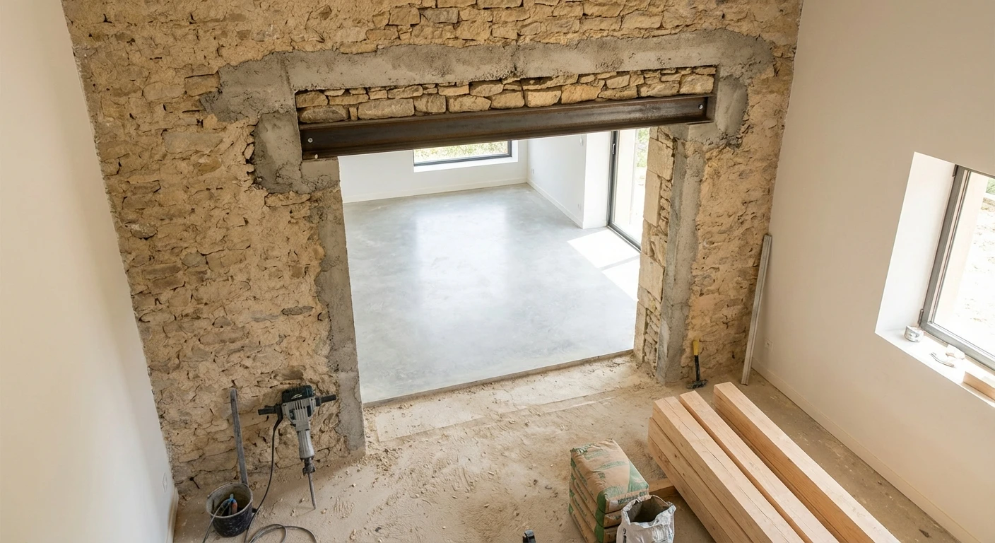 Vue en plongée ou trois-quarts d'une ouverture fraîchement créée dans un mur porteur d'une maison en pierre ou béton. L'ouverture, de largeur importante, révèle l'intérieur lumineux de la pièce adjacente. Les bords de l'ouverture montrent le travail de maçonnerie précis avec linteau métallique ou béton apparent. Des outils de chantier ou des matériaux de rénovation peuvent être visibles autour. La lumière naturelle crée du contraste avec l'intérieur clair de la maison. Image prise en contexte de chantier réel, montrant le résultat professionnel et qualitatif du travail de reprise en sous-œuvre.
